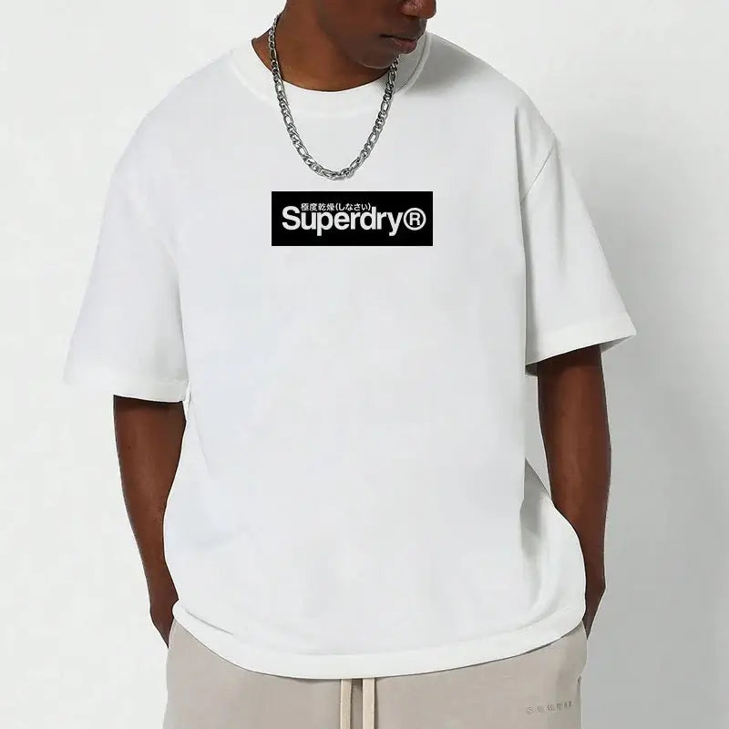 Superdry vintage t-shirt featuring a white design with a bold black Superdry logo for a modern retro look.
