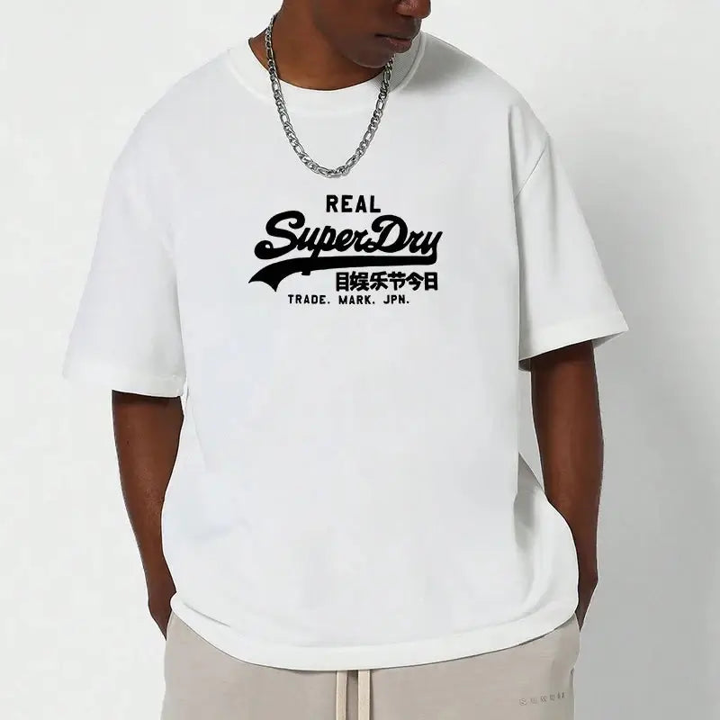Superdry vintage t-shirt displayed on a model, featuring a bold graphic print and relaxed fit for a vintage look.