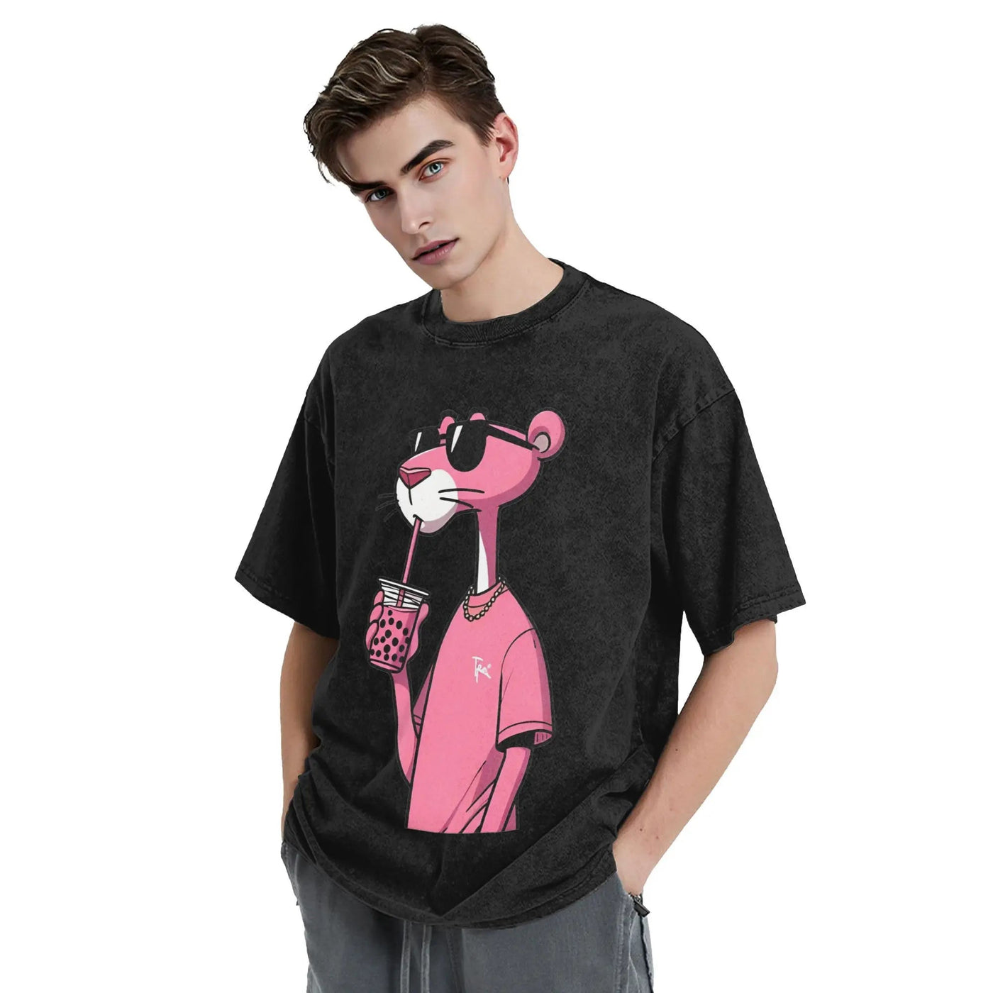 Men's T Shirt Pink-Panthers Drinking Washed T-Shirts Hippie  Beach Tee Shirt Y2K Funny Design Casual Clothing Hot Sale ChicAvenue