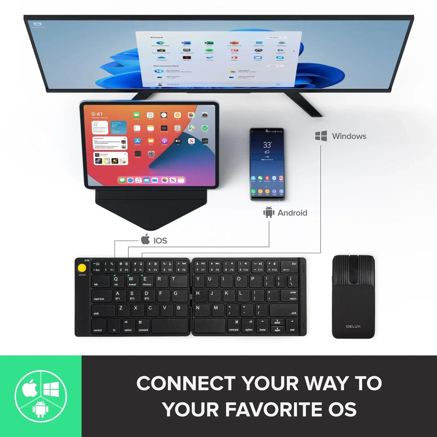 Delux Folding Keyboard Mouse Set Wireless Ultra Slim Portable Silent Kit Multi-Device Support For Windows Android IOS System ChicAvenue