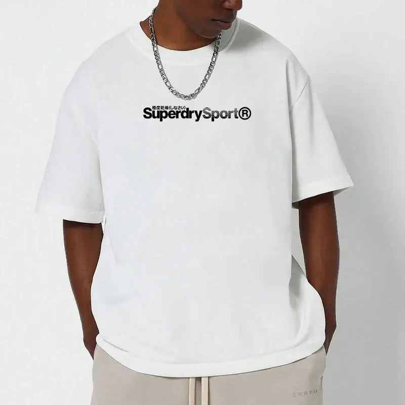 Superdry vintage t-shirt displayed on a model wearing a white oversized tee with a classic logo.