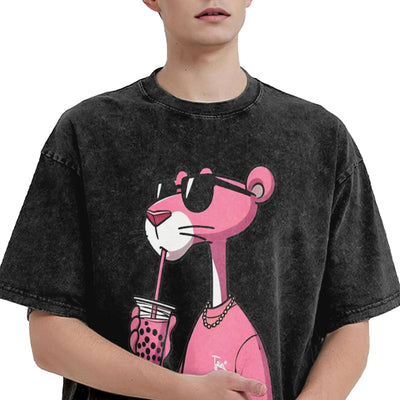 Men's T Shirt Pink-Panthers Drinking Washed T-Shirts Hippie  Beach Tee Shirt Y2K Funny Design Casual Clothing Hot Sale ChicAvenue