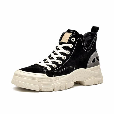 Casual Sneakers Women Suede Leather round Toe Lace-Free High Top Ladies Retro Fashion Flat Shoes Handmade 29575